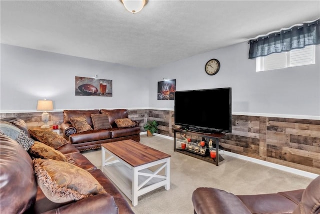 201 Millstream Ln, Zelienople Boro, PA 16063 - living area with carpet flooring, a wainscoted wall, wood walls, and a textured ceiling