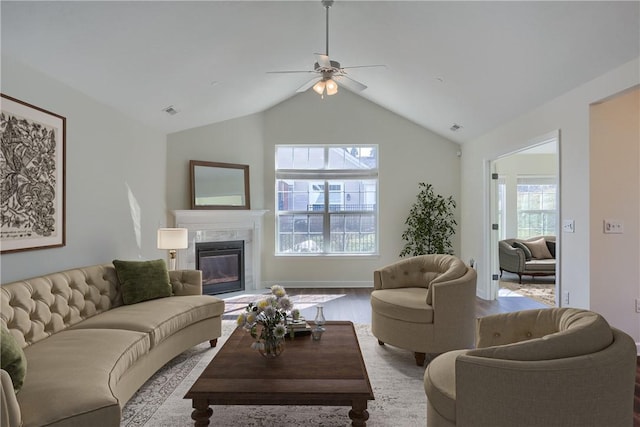 705 Spring Valley Dr, Jackson Twp, PA 16063 - living room with ceiling fan, a high end fireplace, and lofted ceiling