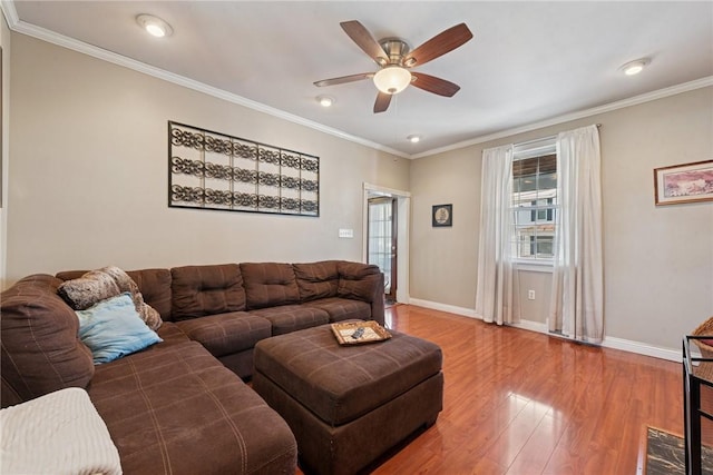 323 Fairmont St, Latrobe, PA 15650 - living room featuring ceiling fan, wood finished floors, crown molding, and recessed lighting