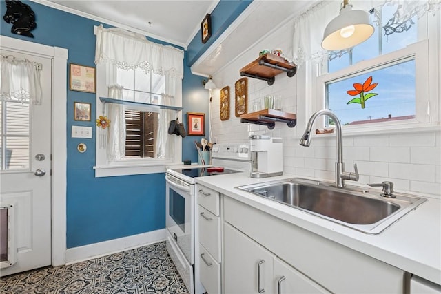 323 Fairmont St, Latrobe, PA 15650 - kitchen with white range with electric stovetop, tile patterned floors, decorative backsplash, white cabinets, and open shelves