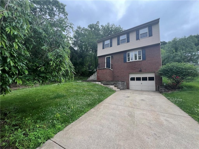 742 King St, Mckeesport, PA 15132 - view of front of house with brick siding, a garage, a front lawn, and driveway