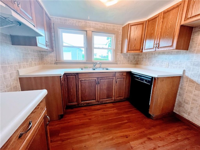 64 Beech St, Center Twp/Homer Cty, PA 15748 - kitchen featuring black dishwasher, tile walls, dark wood-style flooring, and brown cabinetry