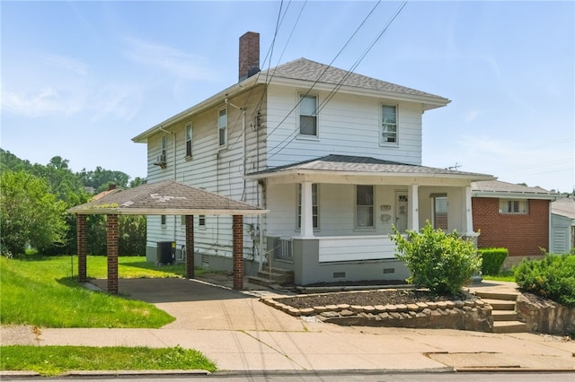 3937 Davis Ave, Munhall, PA 15120 - american foursquare style home featuring a porch, a chimney, crawl space, driveway, and roof with shingles