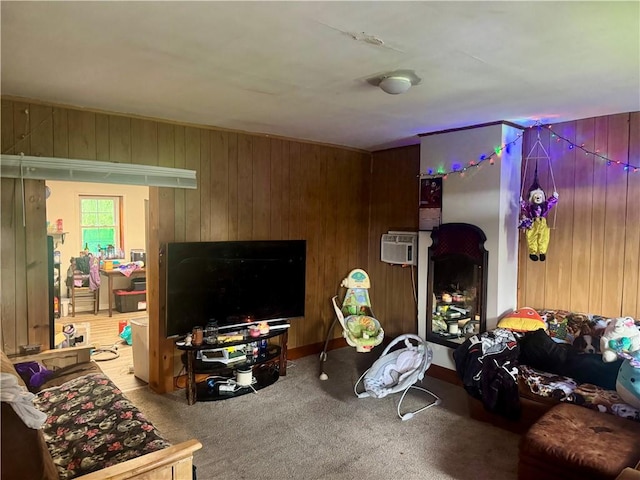108 13th Ave, City Of But Nw, PA 16001 - carpeted living area featuring wood walls and an AC wall unit