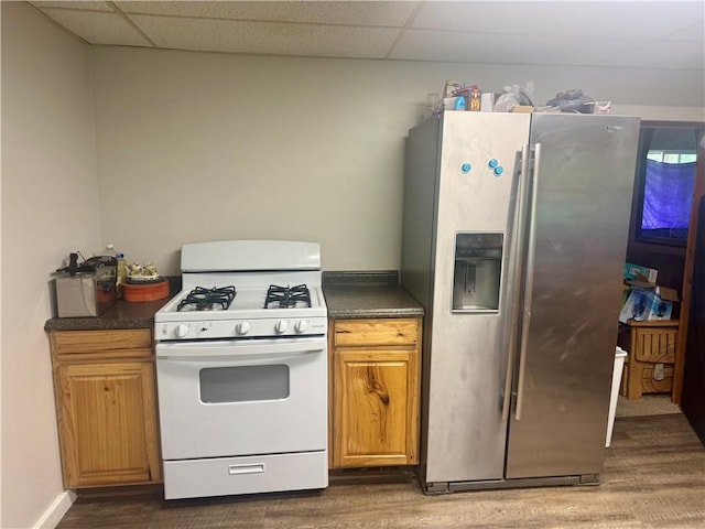108 13th Ave, City Of But Nw, PA 16001 - kitchen with white gas range, stainless steel fridge with ice dispenser, wood finished floors, dark countertops, and a paneled ceiling