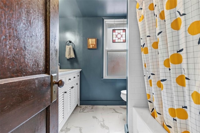 430 Lamar Ave, Regent Square, PA 15221 - full bath featuring marble finish flooring, vanity, and shower / tub combo with curtain