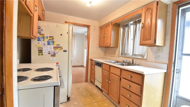 3550 Camp St, Hill District, PA 15219 - kitchen with light countertops, white appliances, crown molding, light tile patterned floors, and decorative backsplash