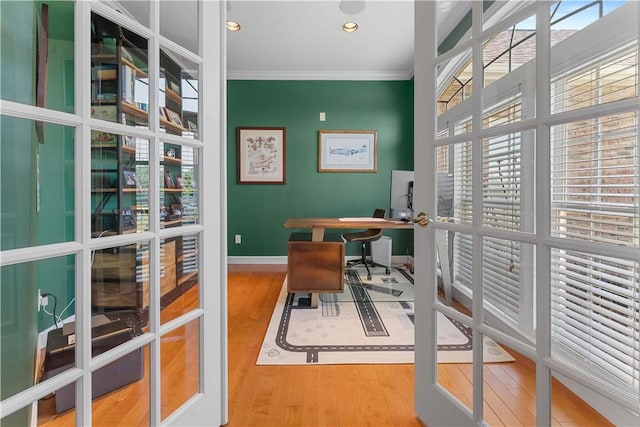 1002 Sunset Way, Menallen Twp, PA 15401 - home office featuring plenty of natural light, wood finished floors, ornamental molding, french doors, and recessed lighting