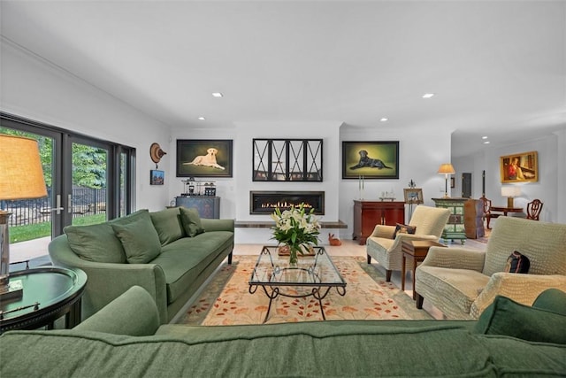 2356 Morrow Rd, Upper St Clair, PA 15241 - living room featuring a glass covered fireplace and recessed lighting
