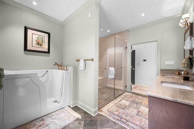 2356 Morrow Rd, Upper St Clair, PA 15241 - bathroom featuring ornamental molding, a stall shower, double vanity, a bathtub, and recessed lighting