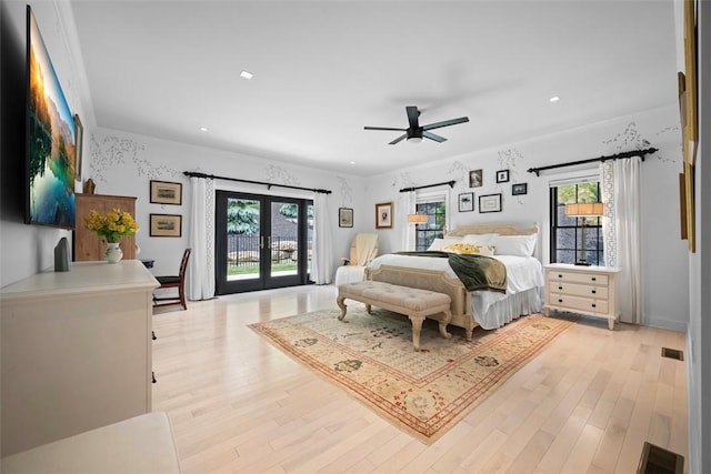 2356 Morrow Rd, Upper St Clair, PA 15241 - bedroom with access to exterior, french doors, light wood-style floors, recessed lighting, and ceiling fan
