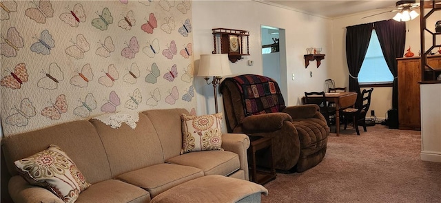 180 Pleasantview Dr, Ohioville, PA 15059 - living area featuring carpet flooring, ceiling fan, and crown molding