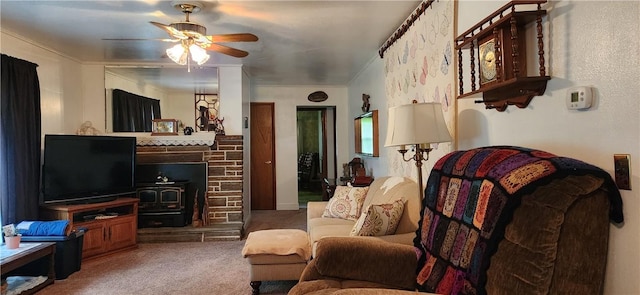 180 Pleasantview Dr, Ohioville, PA 15059 - carpeted living area with a ceiling fan and a wood stove