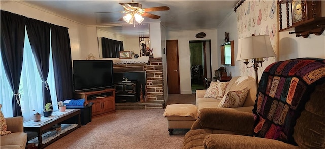 180 Pleasantview Dr, Ohioville, PA 15059 - living area featuring light carpet, ceiling fan, ornamental molding, and a wood stove