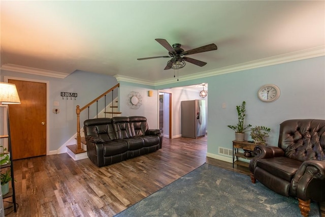 670 Lougeay Rd, Penn Hills, PA 15235 - living room featuring ceiling fan, stairway, wood finished floors, and crown molding