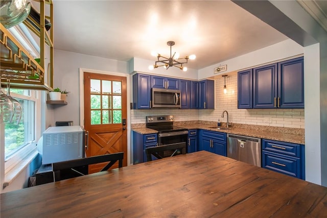 670 Lougeay Rd, Penn Hills, PA 15235 - kitchen with stainless steel appliances, wood counters, blue cabinetry, and a chandelier