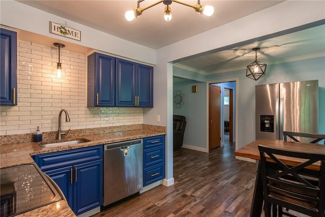 670 Lougeay Rd, Penn Hills, PA 15235 - kitchen with stainless steel appliances, blue cabinetry, tasteful backsplash, pendant lighting, and dark wood-style floors