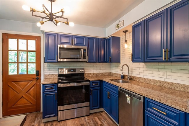 670 Lougeay Rd, Penn Hills, PA 15235 - kitchen with appliances with stainless steel finishes, blue cabinets, backsplash, and a chandelier