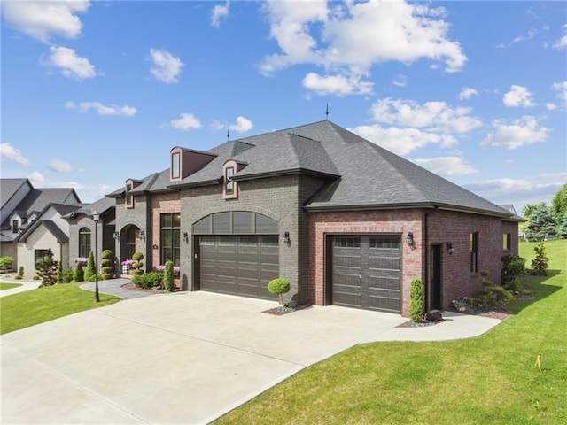 7858 Oscar Ct, North Huntingdon, PA 15642 - french country home featuring brick siding, an attached garage, driveway, and a front lawn