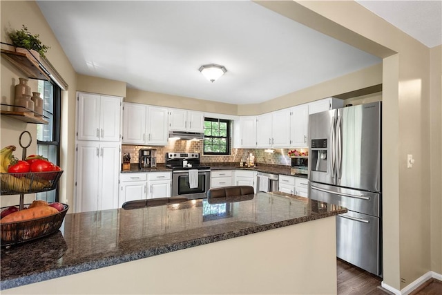 617 Woodcrest Dr, Robinson Twp Nwa, PA 15205 - kitchen with appliances with stainless steel finishes, white cabinetry, tasteful backsplash, and under cabinet range hood