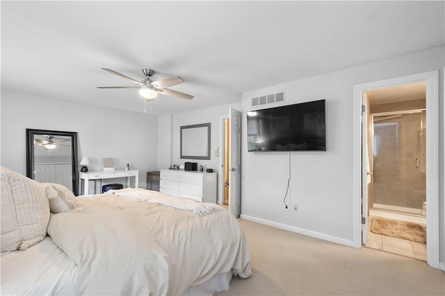 617 Woodcrest Dr, Robinson Twp Nwa, PA 15205 - bedroom with light carpet, ceiling fan, and ensuite bath