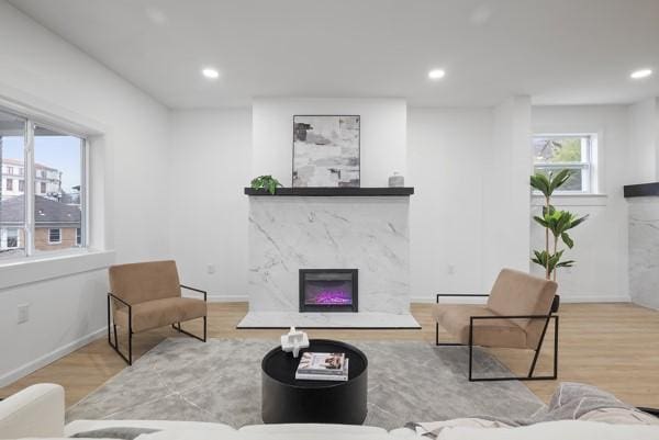 2356 Pittock St, Squirrel Hill, PA 15217 - living room featuring a premium fireplace, wood finished floors, and recessed lighting