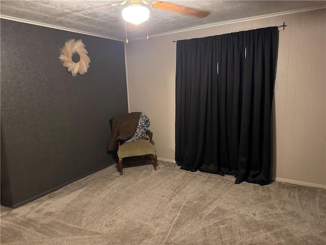 515 Pike Run Dr W, Pike Run Twp, PA 15427 - living area with carpet, a ceiling fan, and crown molding