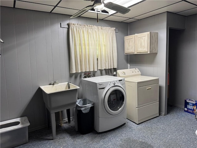 515 Pike Run Dr W, Pike Run Twp, PA 15427 - washroom with independent washer and dryer, ceiling fan, cabinet space, and carpet floors