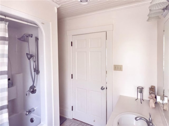 1604 Ross Hill Rd, Patterson Twp, PA 15010 - bathroom with shower / bath combination with curtain, ornamental molding, and tile patterned floors