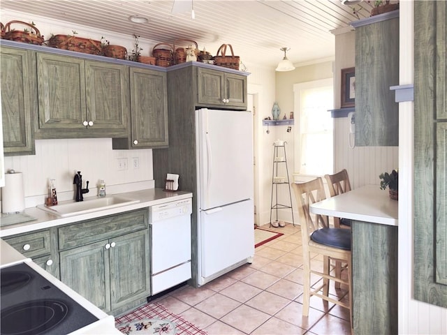 1604 Ross Hill Rd, Patterson Twp, PA 15010 - kitchen featuring white appliances, light tile patterned flooring, light countertops, wooden ceiling, and a breakfast bar area