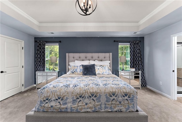 207 Eddie Lewis Dr, Pine Twp Nal, PA 15090 - carpeted bedroom with a chandelier, a tray ceiling, ornamental molding, and multiple windows