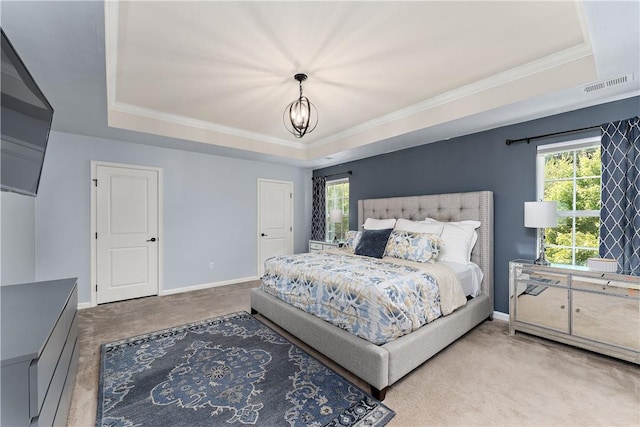 207 Eddie Lewis Dr, Pine Twp Nal, PA 15090 - carpeted bedroom featuring a tray ceiling, multiple windows, crown molding, and a chandelier