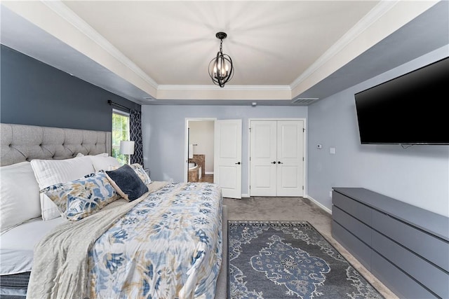 207 Eddie Lewis Dr, Pine Twp Nal, PA 15090 - carpeted bedroom featuring a raised ceiling, ornamental molding, and a chandelier