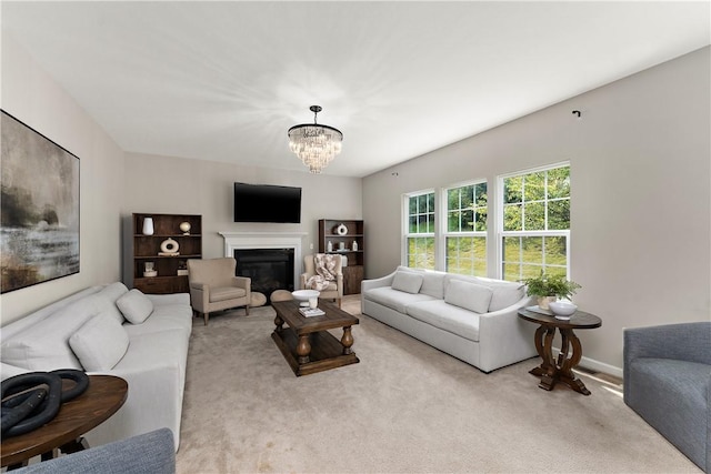 207 Eddie Lewis Dr, Pine Twp Nal, PA 15090 - living area featuring carpet floors, a chandelier, and a glass covered fireplace
