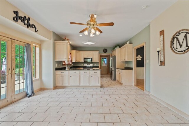 412 Hawthorn Rd, East Finley, PA 15323 - kitchen with stainless steel appliances, dark countertops, ceiling fan, recessed lighting, and french doors