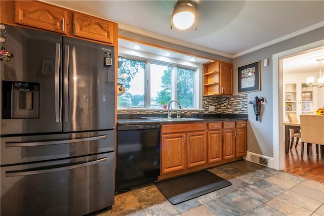 1283 Ashton Rd, Sharon, PA 16146 - kitchen featuring stainless steel refrigerator with ice dispenser, dishwasher, dark countertops, ornamental molding, and backsplash