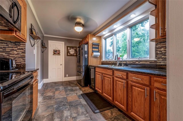1283 Ashton Rd, Sharon, PA 16146 - kitchen with black appliances, backsplash, crown molding, ceiling fan, and brown cabinets