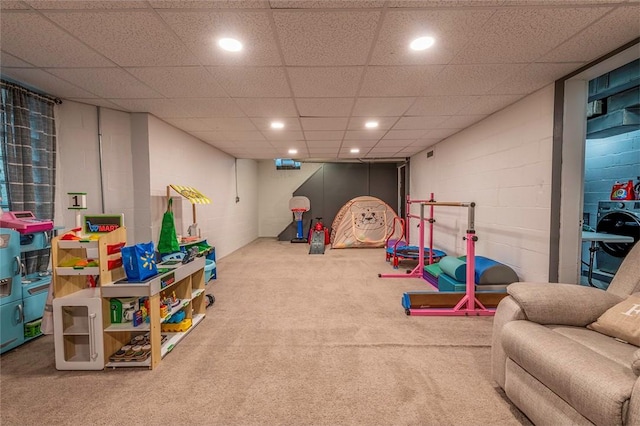 1283 Ashton Rd, Sharon, PA 16146 - rec room with carpet floors, recessed lighting, washer / dryer, concrete block wall, and a drop ceiling
