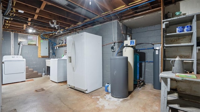 108 Tanglewood Dr, Middlesex Twp, PA 16059 - unfinished basement with white fridge with ice dispenser, independent washer and dryer, a water softener, and electric panel