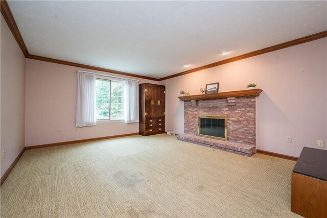 221 William Dr, North Strabane, PA 15317 - unfurnished living room featuring ornamental molding, light carpet, and a fireplace