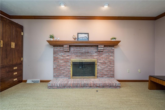 221 William Dr, North Strabane, PA 15317 - living room featuring ornamental molding, carpet floors, and a brick fireplace