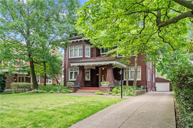 1463 Beechwood Blvd, Squirrel Hill, PA 15217 - view of front facade with brick siding, a front lawn, a porch, and an outbuilding