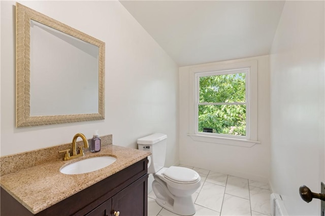 1463 Beechwood Blvd, Squirrel Hill, PA 15217 - bathroom featuring vaulted ceiling, vanity, marble look tile flooring, and baseboard heating