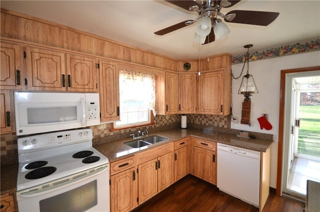 123 Jackson St, Harmony Boro But, PA 16037 - kitchen featuring white appliances, tasteful backsplash, ceiling fan, and dark wood-type flooring