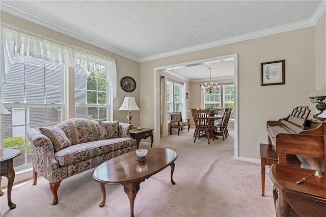 6032 Hawthorn Dr, Moon/Crescent Twp, PA 15108 - living room with crown molding, light colored carpet, and a chandelier