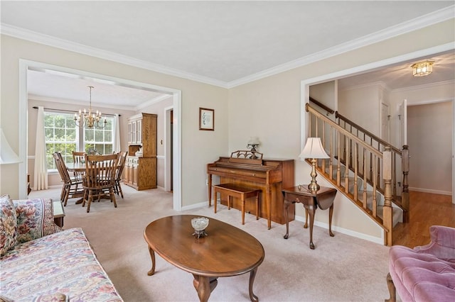 6032 Hawthorn Dr, Moon/Crescent Twp, PA 15108 - carpeted living room featuring a chandelier, stairs, and crown molding