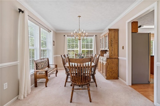 6032 Hawthorn Dr, Moon/Crescent Twp, PA 15108 - dining space with a chandelier, light colored carpet, and ornamental molding