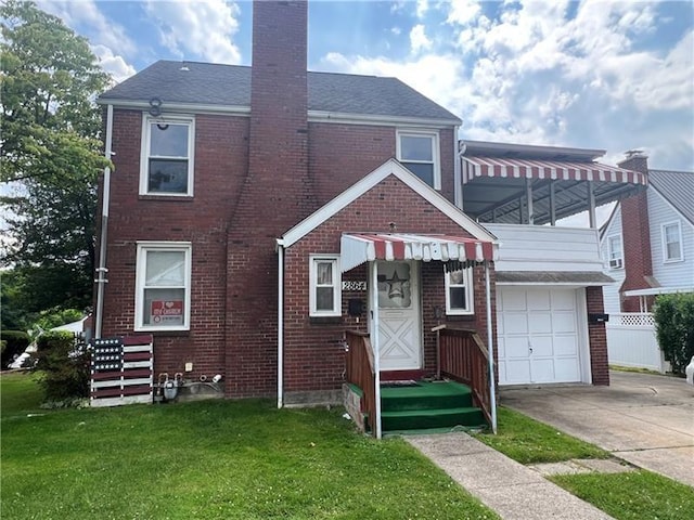 2864 Leechburg Rd, Lower Burrell, PA 15068 - view of front of house with a garage, brick siding, driveway, and a chimney