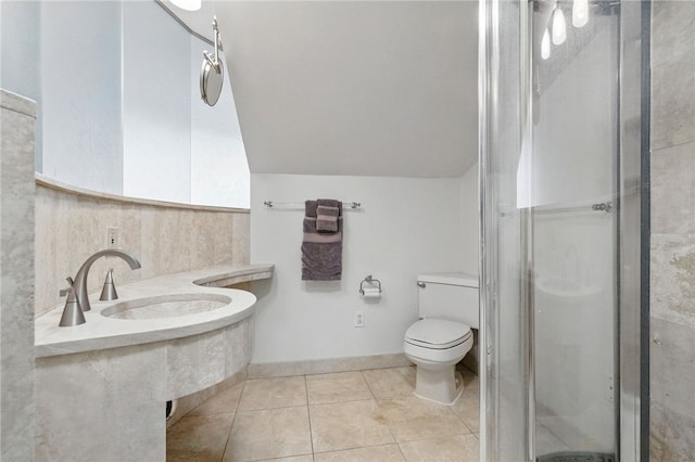 1606 Merriman Ct, South Side, PA 15203 - bathroom with a stall shower, lofted ceiling, and tile patterned floors