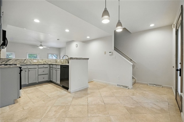 1606 Merriman Ct, South Side, PA 15203 - kitchen with dishwashing machine, gray cabinetry, ceiling fan, recessed lighting, and pendant lighting